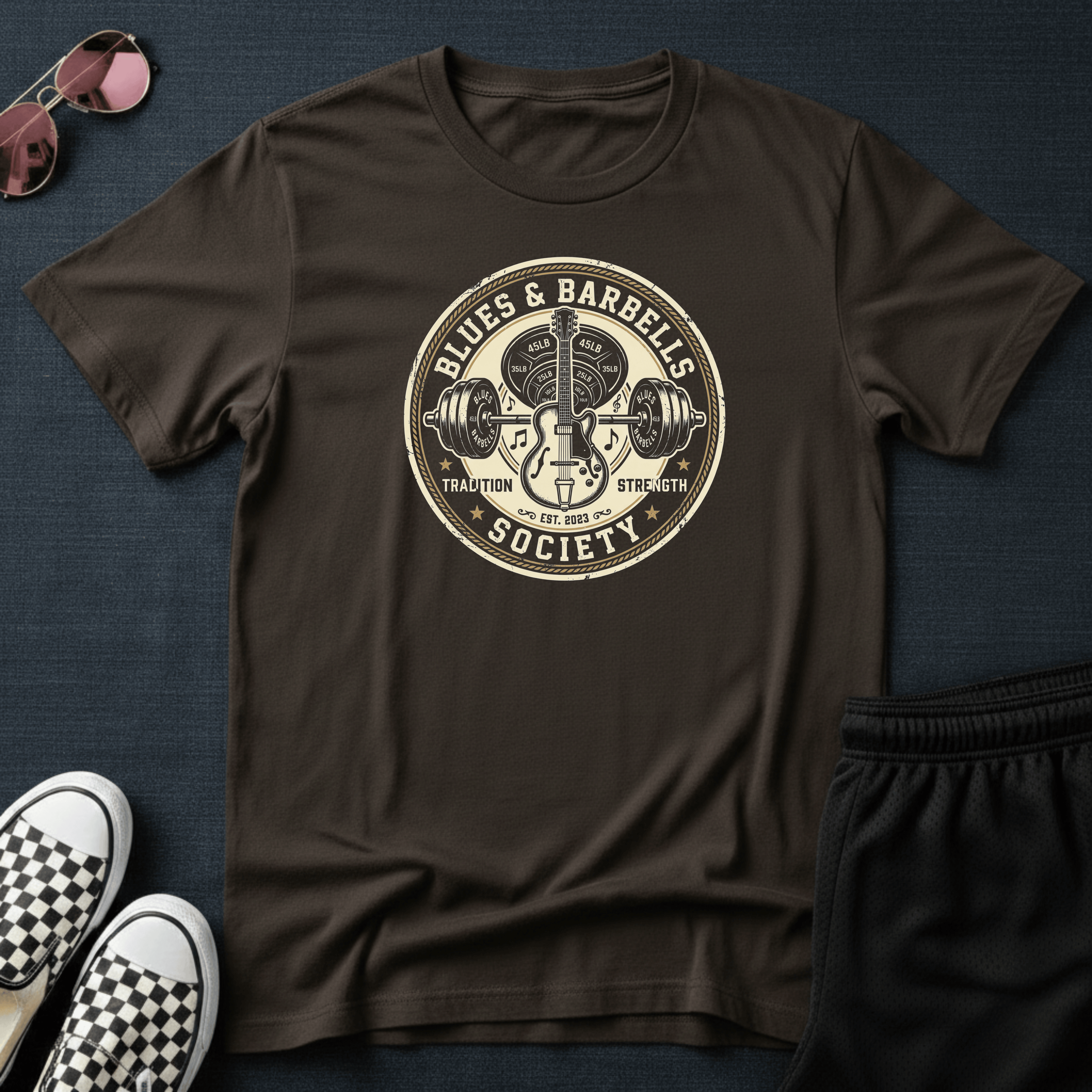 Blues and barbells T-shirt