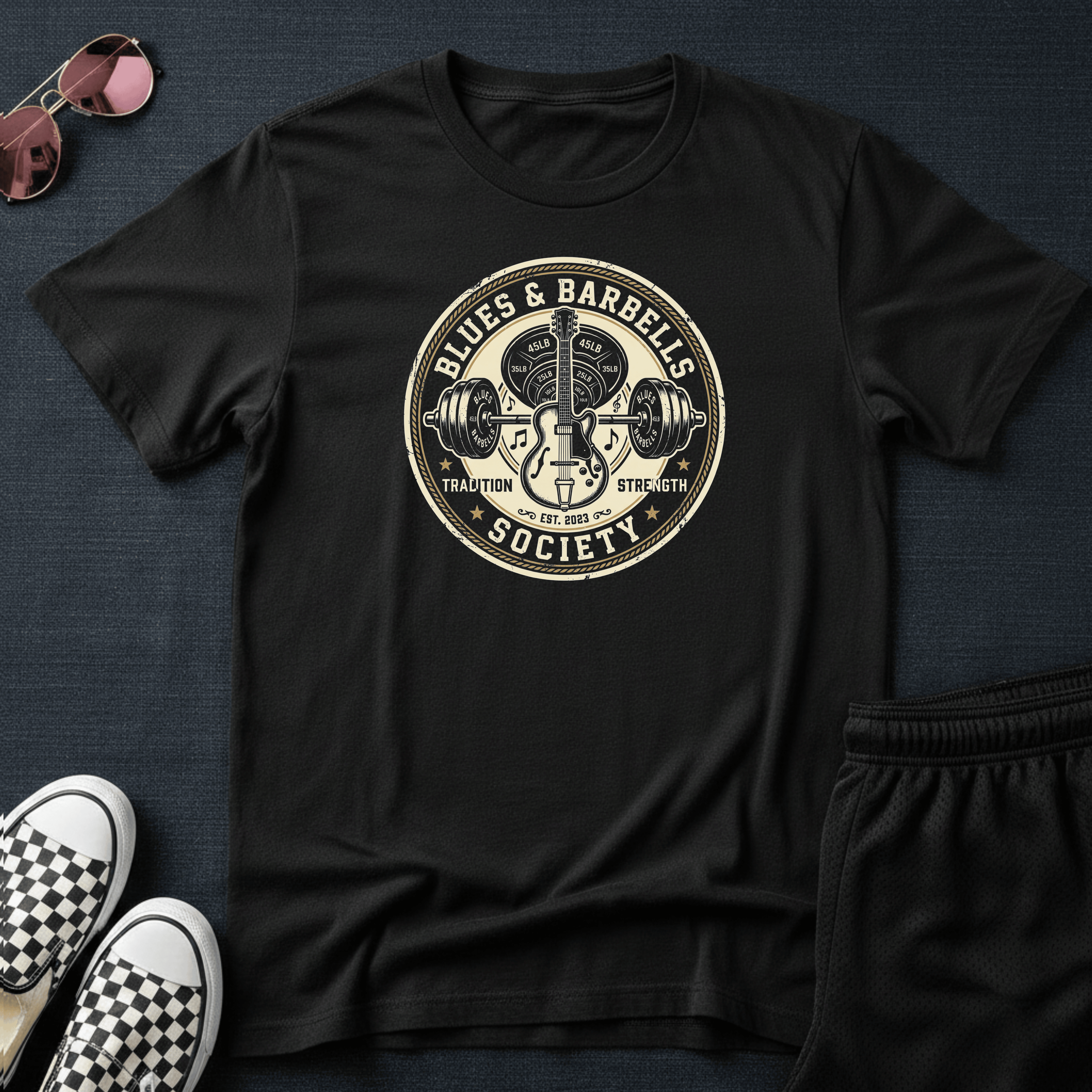 Blues and barbells T-shirt