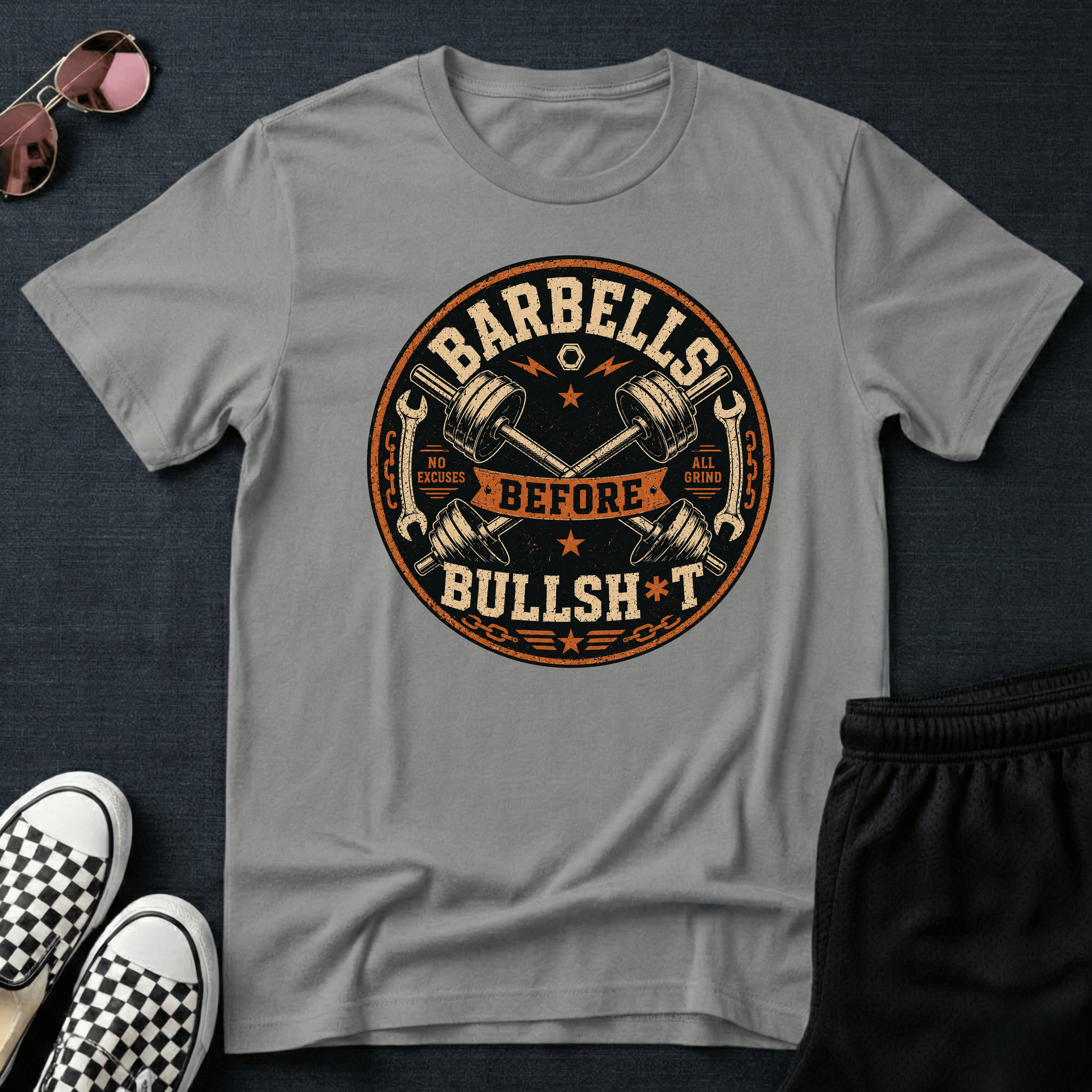 Barbells before bullsh*t T-shirt